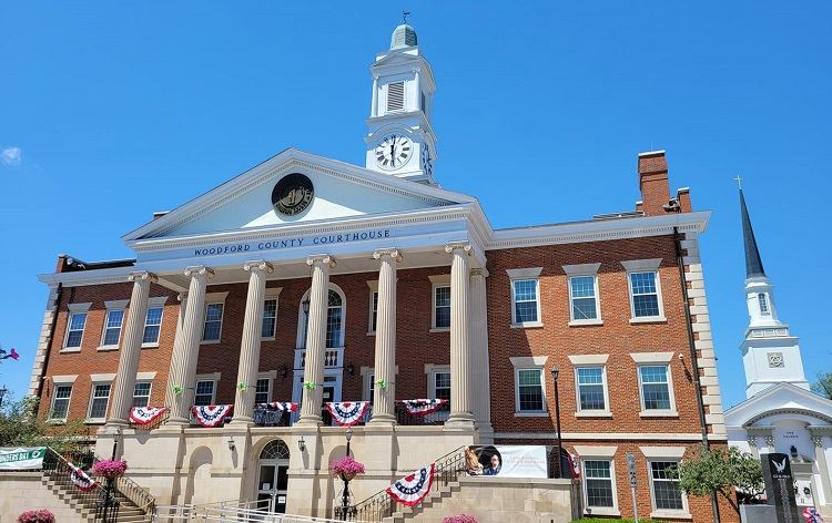 Woodford County Courthouse from the front of the building on a bright day.